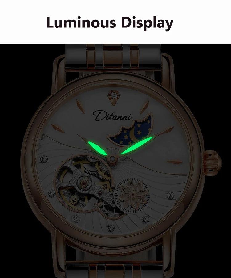 Orologio Da Donna Automatico Impermeabile Con Fasi Lunari E Fiori Girevoli Lusso Di Marca Pregiata