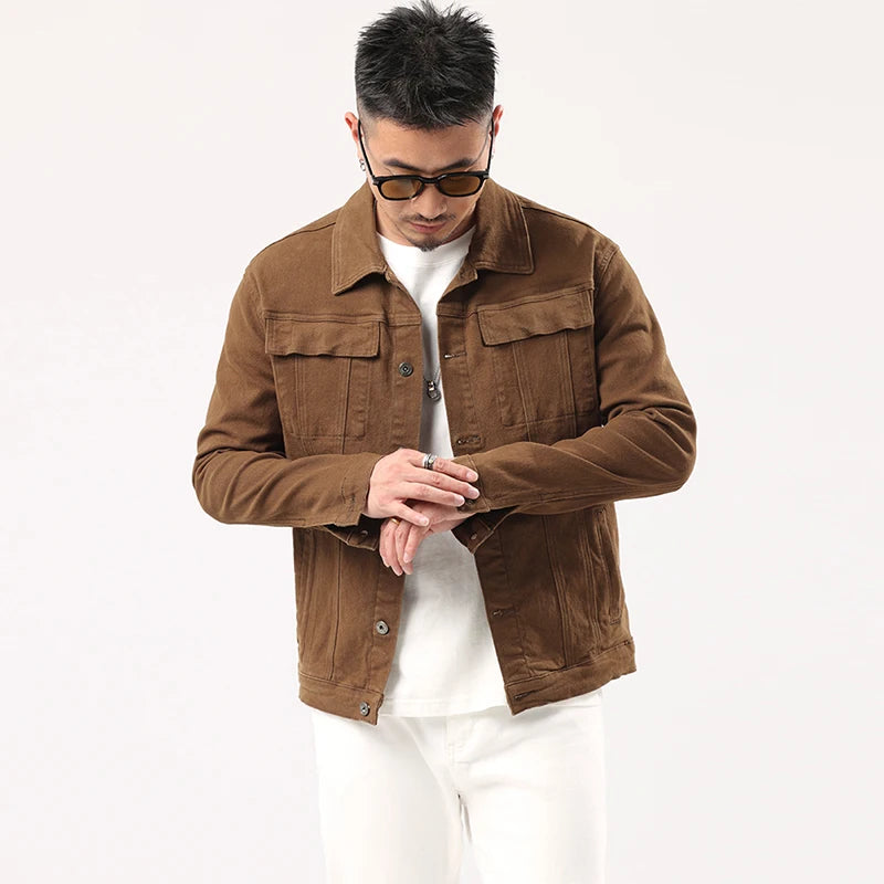 Giacca Jeans Caramello da Uomo 2025 Primavera Autunno Nuovo Stile Slim Elasticizzata Classica Moda