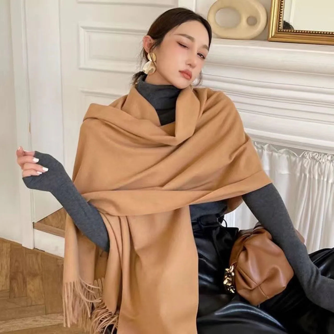 Sciarpa Nera In Lana E Cashmere Donna Calda E Morbida A Quadretti Inverno Autunno Dalla Forma Classica XWJ07