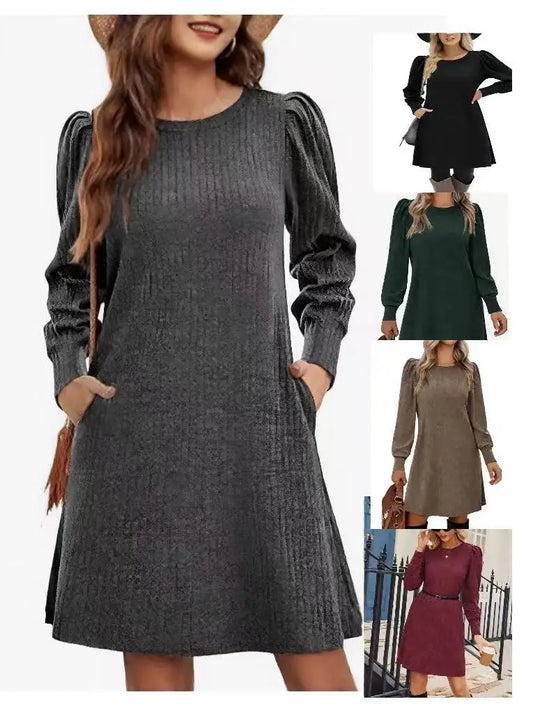 Abito da Donna in Maglia con Maniche a Palloncino e Tasche Laterali Autunno Inverno Comfort Quotidiano