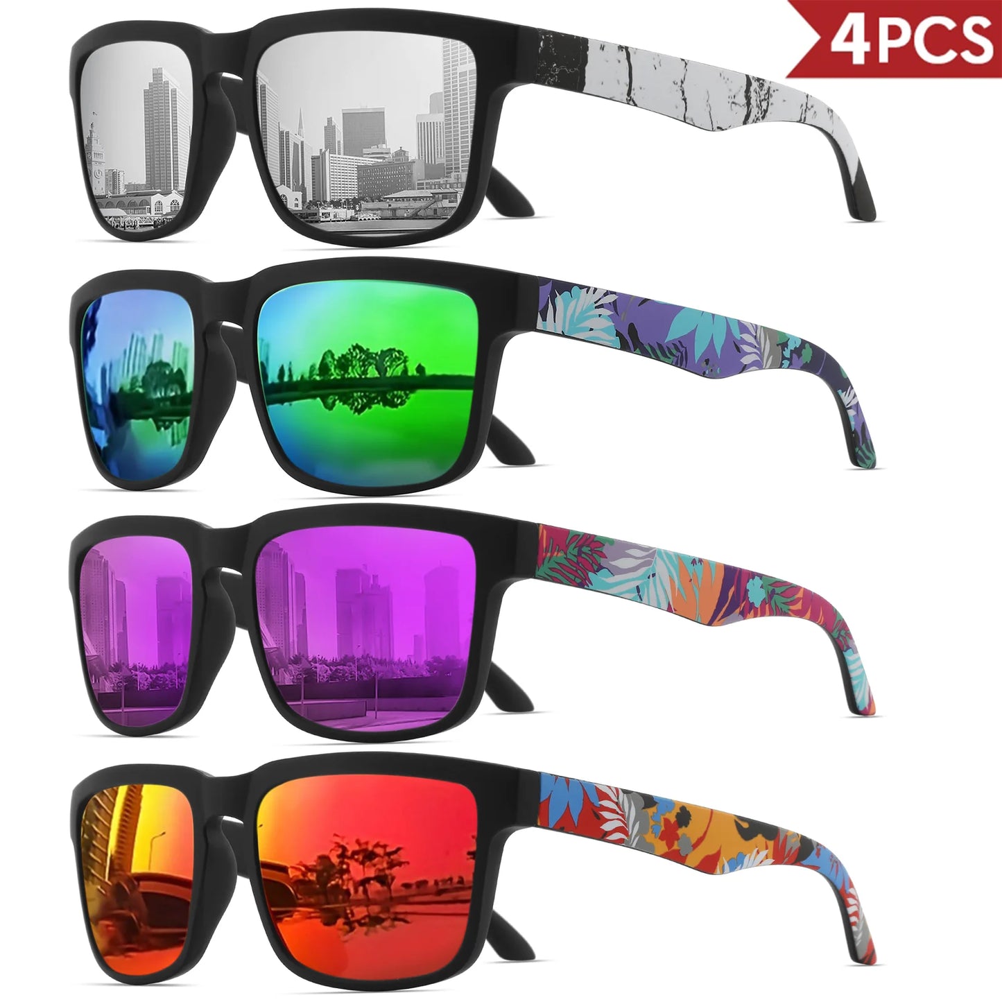 Occhiali Da Sole Sportivi Quadrati 4 Pezzi Motivo Tempio Design UV400 Per Uomini E Donne Vacanze Al Mare