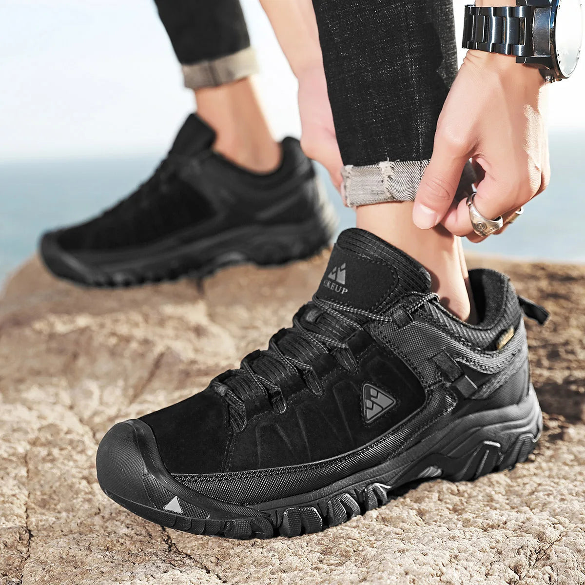 Hikeup Scarpe Trekking Uomo Pelle Alta Qualità Durevoli Esterni Suola Gomma Impermeabile