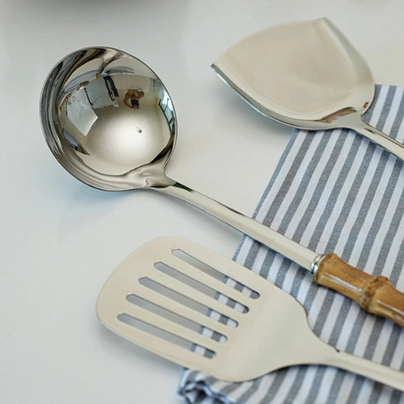 Pala Frittura In Acciaio Inossidabile Con Manico In Bambù Naturale E Cucchiaio Zuppa Giapponese Set Utensili Cucina