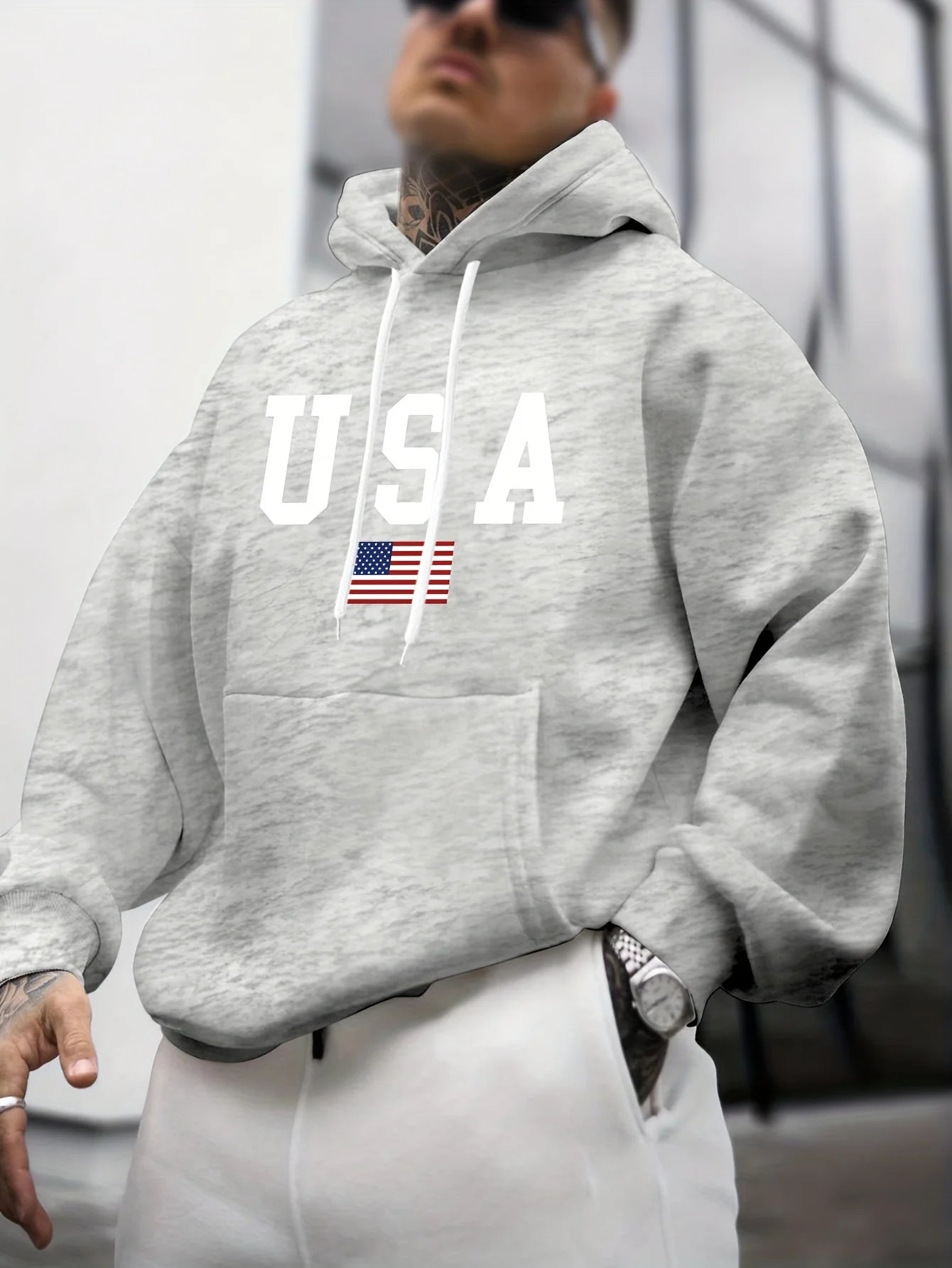 Felpa Con Cappuccio Da Uomo A Maniche Lunghe Con Stampa Grafica Bandiera Americana Allentata Caldo Autunno Inverno