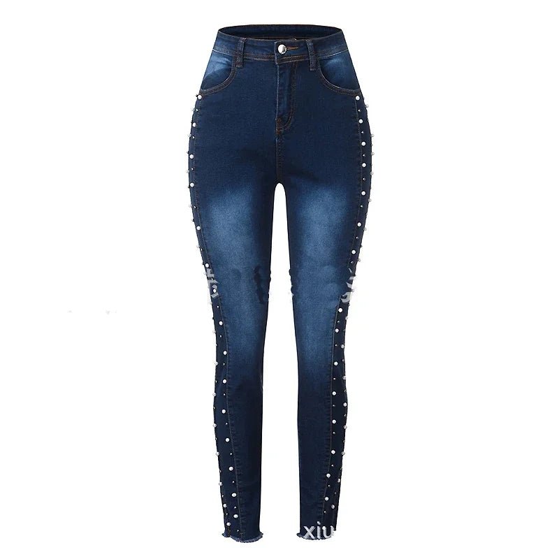 Jeans Donna Vita Alta Slim Skinny Denim Elastico Blu Vintage Con Perline Push Up Pencil