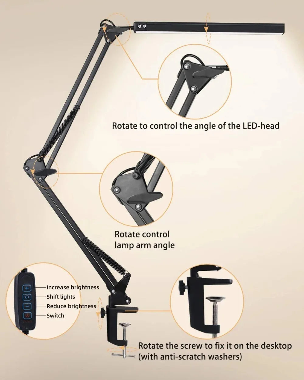 Lampada Da Scrivania Pieghevole A LED In Metallo Con Clip E Braccio Lungo Dimmerabile Tre Colori Regolabili Per Computer