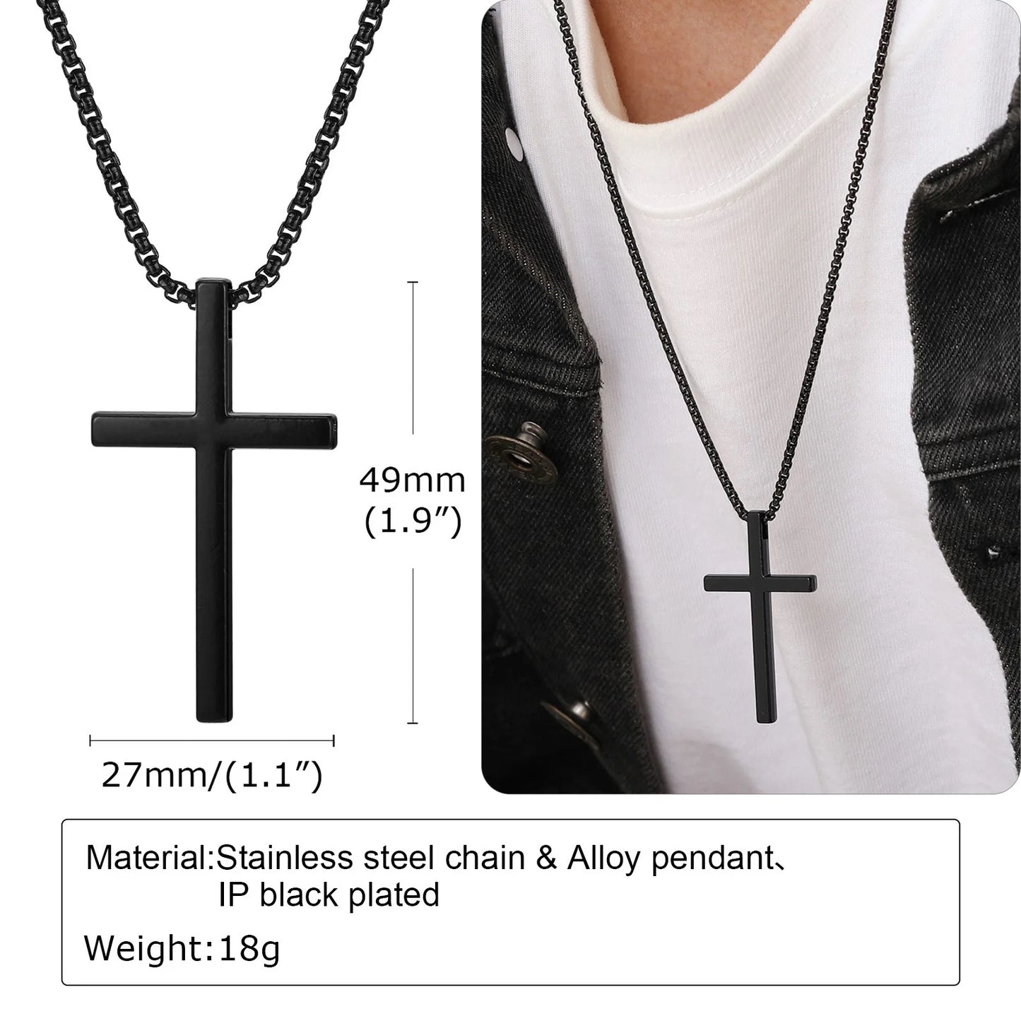 Collana Con Croce Vnox In Acciaio Inossidabile Catena A Scatola Argento Nero Per Uomo E Donna Lunghezza 55 Cm O 60 Cm