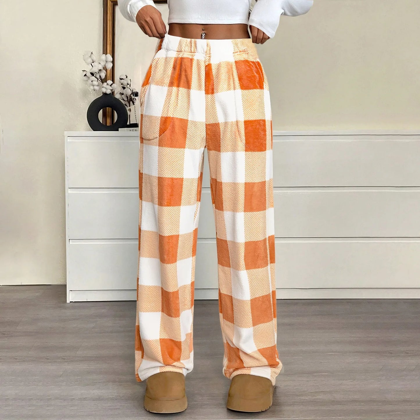 Pantaloni Del Pigiama Da Donna Con Vita Elastica E Scozzesi In Pile Morbidi Con Tasche Peluche
