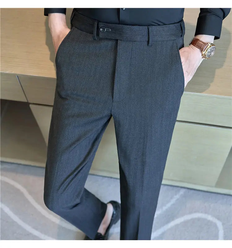 Pantaloni Da Abito Inverno In Lana Spessa Con Vita Elastica Gessati E Tinta Unita Per Uomo