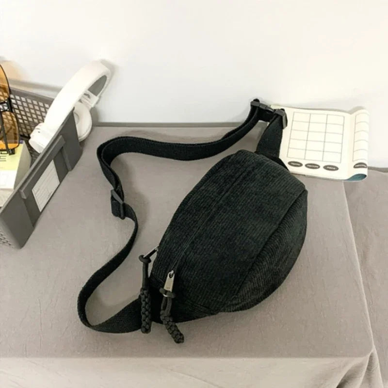 Marsupio da Donna in Velluto a Coste di Grande Capacità Borsa da Petto Stile Street Borsa a Tracolla Cintura Casual