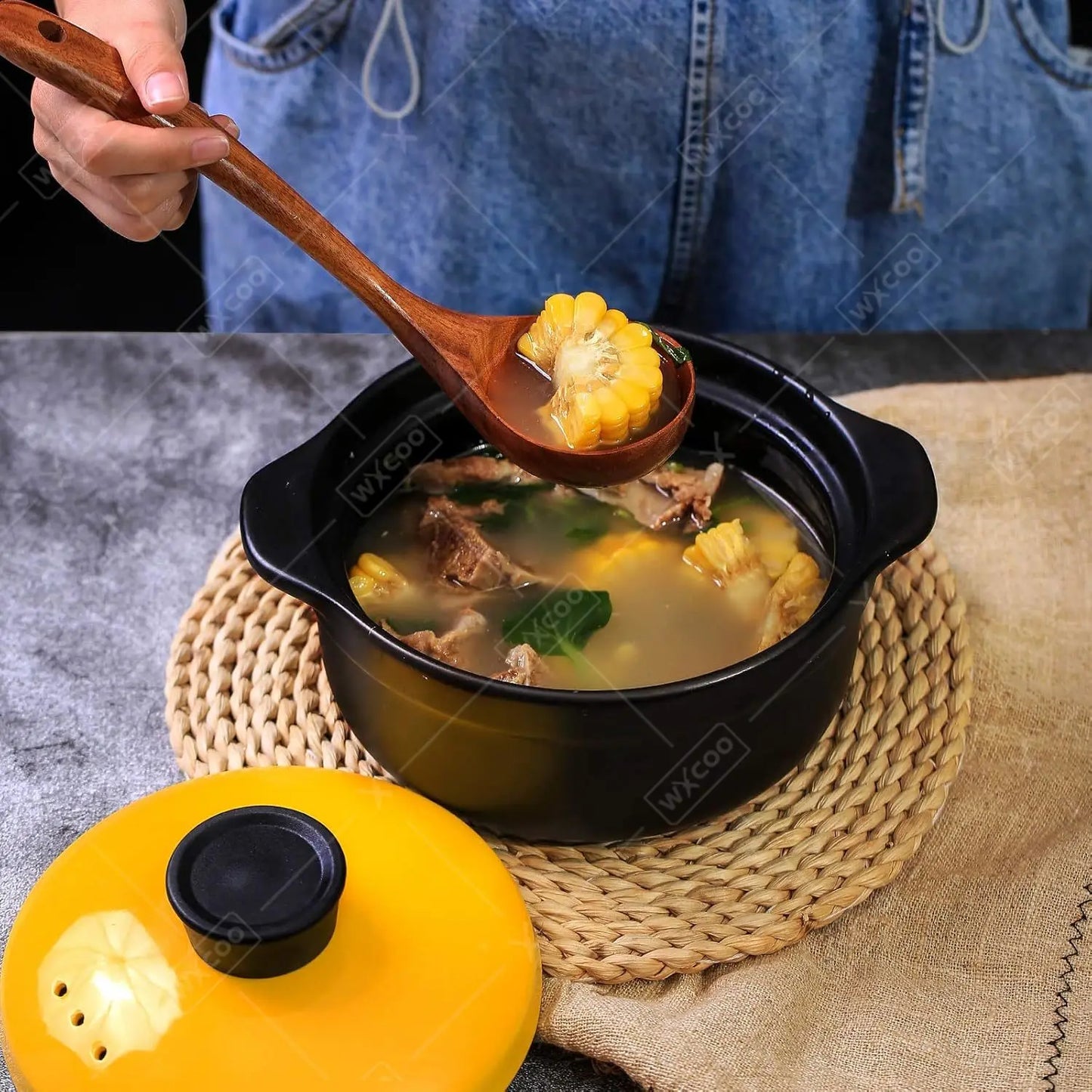 Wxcoo Cucchiai Da Cucina In Legno Di Teak Naturale Set Spatole E Paletta In Legno Antiaderente Utensili Da Cucina
