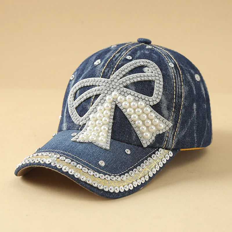 Berretti Baseball Denim Regolabili Protezione Solare Fiocco Perle Cuciture Diamante Fatto a Mano Cappelli Versatili