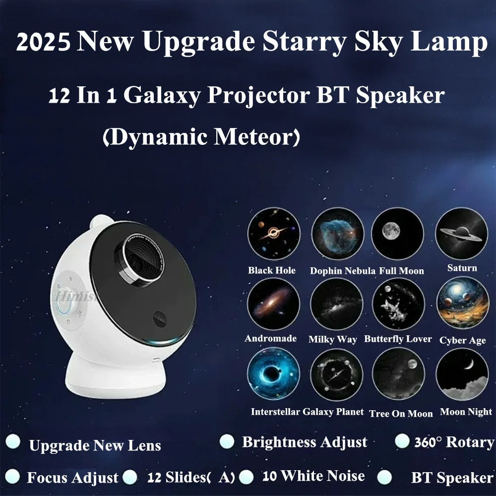 Meteor Dinamico 12 in 1 Lampada Proiettore Galaxy Ultra Trasparente Rotante con Lettore Musicale Regalo per Bambini