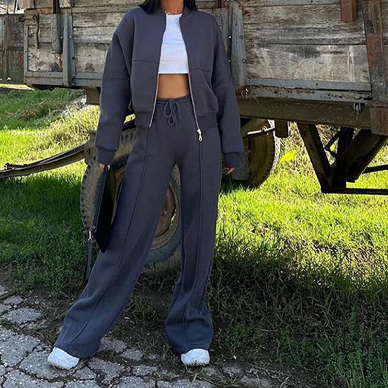 Set Di Tute Da Donna Casual Cardigan Corto Allentato Con Cerniera E Pantaloni Sportivi Con Coulisse Streetwear