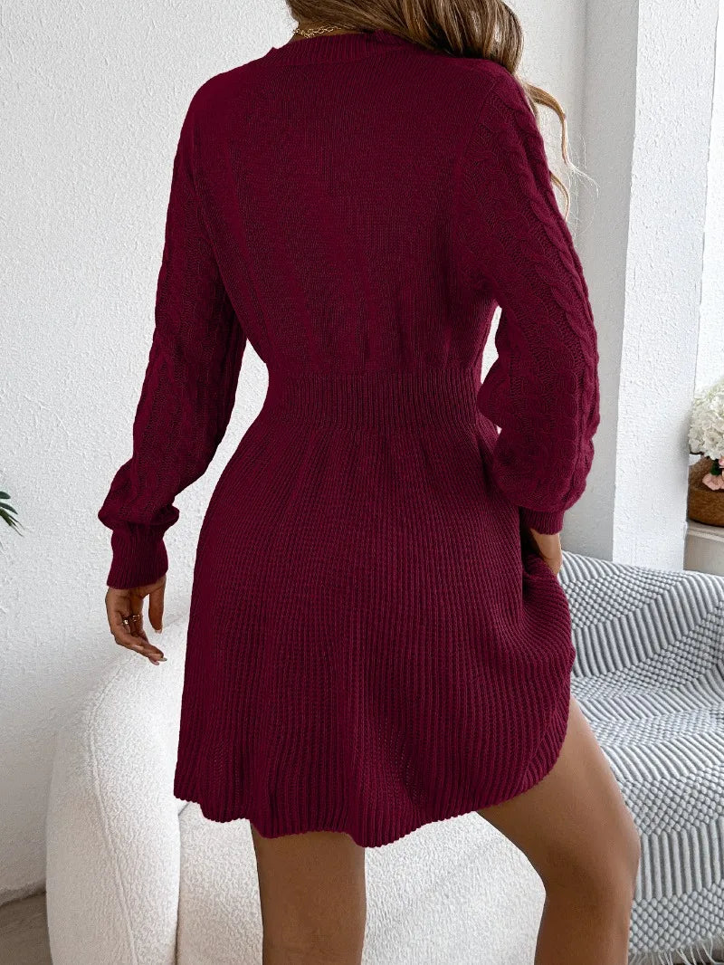 Vestito Maglia Da Donna Scollo A O Manica Lanterna Vita Alta Mini A Trapezio Solido Casual Chic Per Donne Moderne