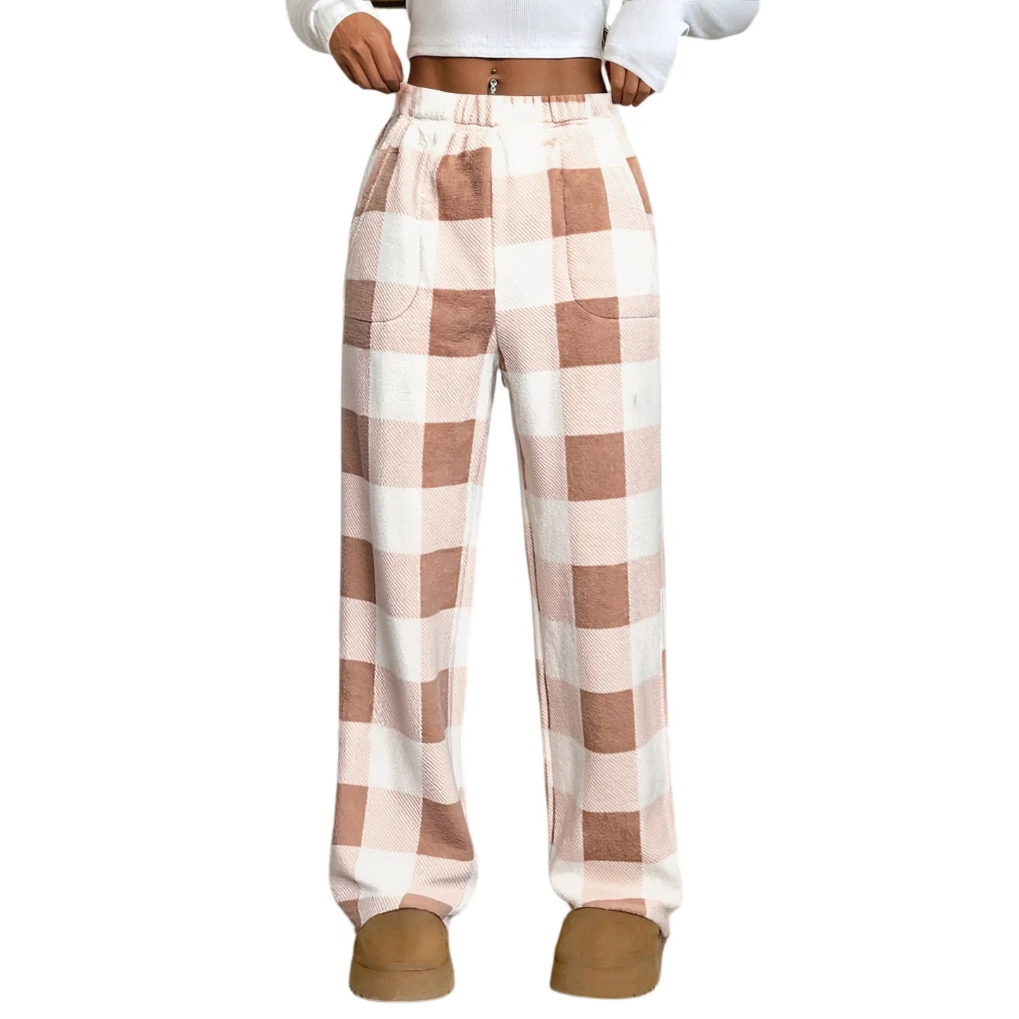Pantaloni Del Pigiama Da Donna Con Vita Elastica E Scozzesi In Pile Morbidi Con Tasche Peluche