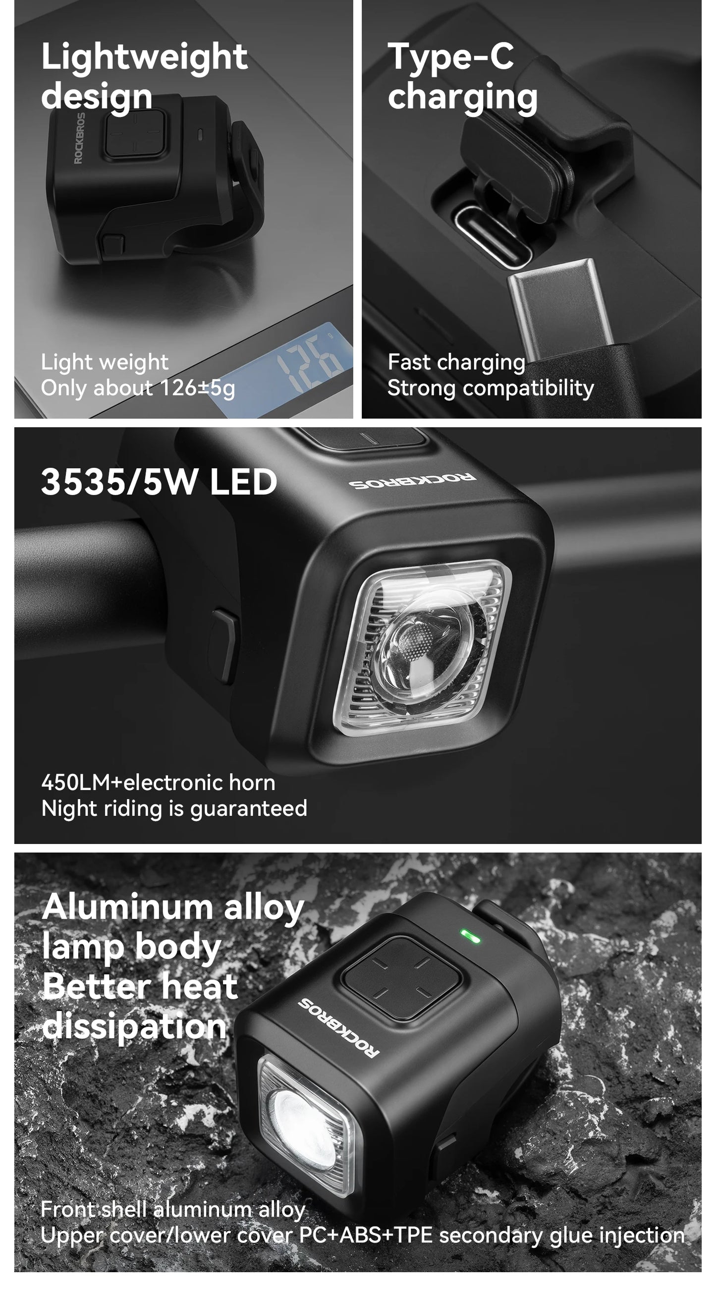 Clacson Per Bici IPX6 Antipioggia Con Ricarica Tipo C 2300mAh Faro Illumina Avvertimento Luce Anteriore Due In Uno
