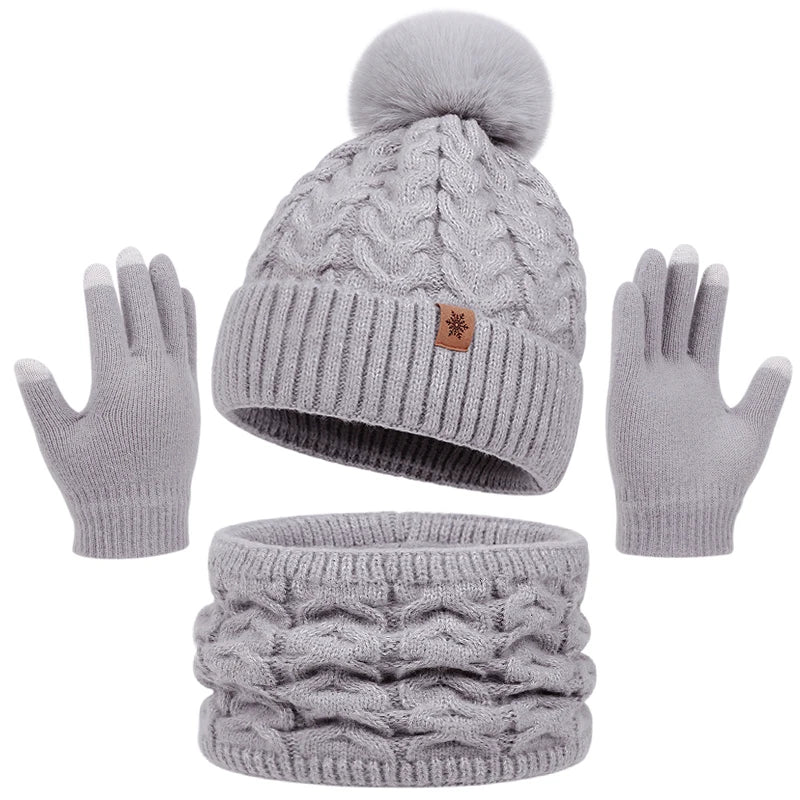 Set Cappello Invernale Donna Sciarpa Guanti Con Pompon Pelo Lavorato A Maglia Per Ragazze Adolescenti