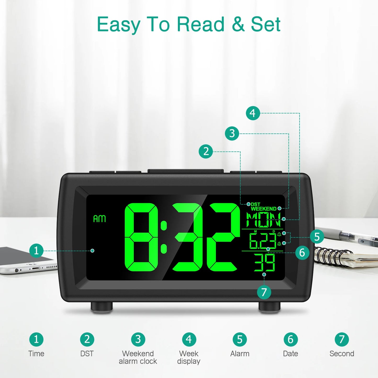 ORIA Sveglia Radio Orologio Digitale FM Con Snooze E Volume Regolabile Orologio LED Da Comodino Con Doppia Sveglia