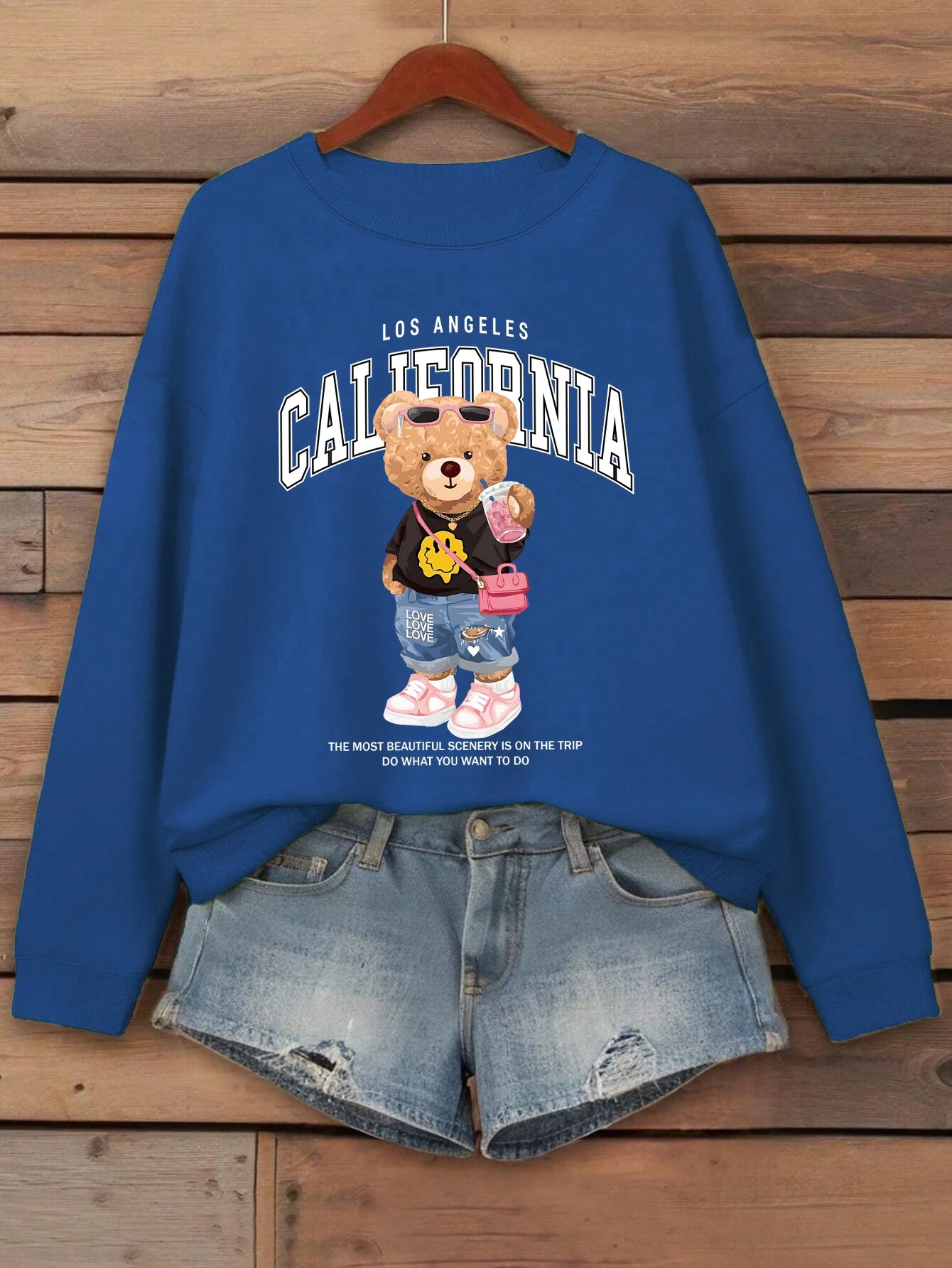 Orsetto Bere Tè Al Latte Stampato Pullover Da Donna Con Collo A O Felpa In Pile Streetwear Autunno