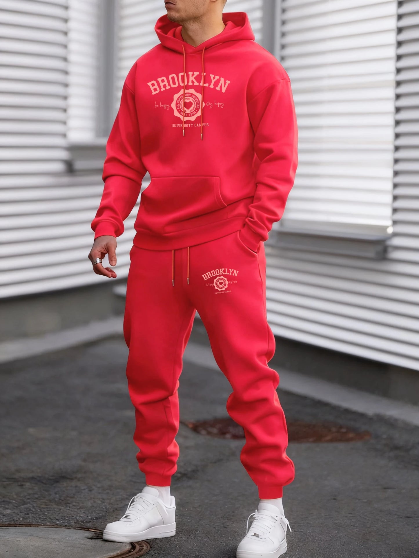 Felpa Con Cappuccio Uomo Heart Print Brooklyn Best Team Autunno Hip Hop Morbido Pile Pantaloni Semplici Sportivi