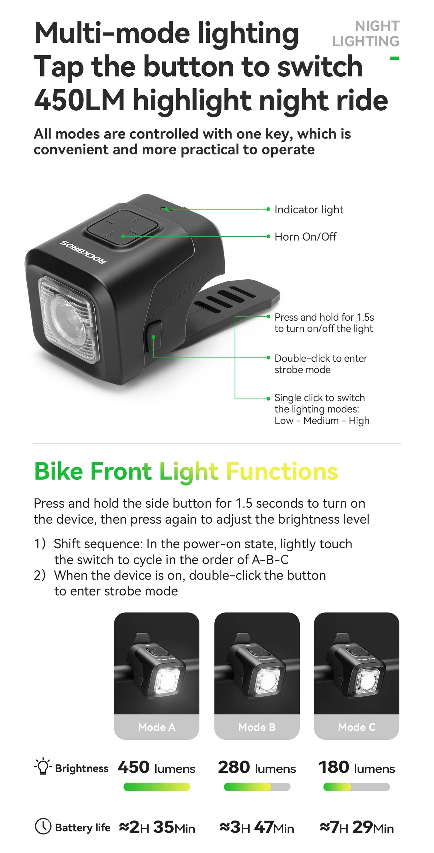 Clacson Per Bici IPX6 Antipioggia Con Ricarica Tipo C 2300mAh Faro Illumina Avvertimento Luce Anteriore Due In Uno
