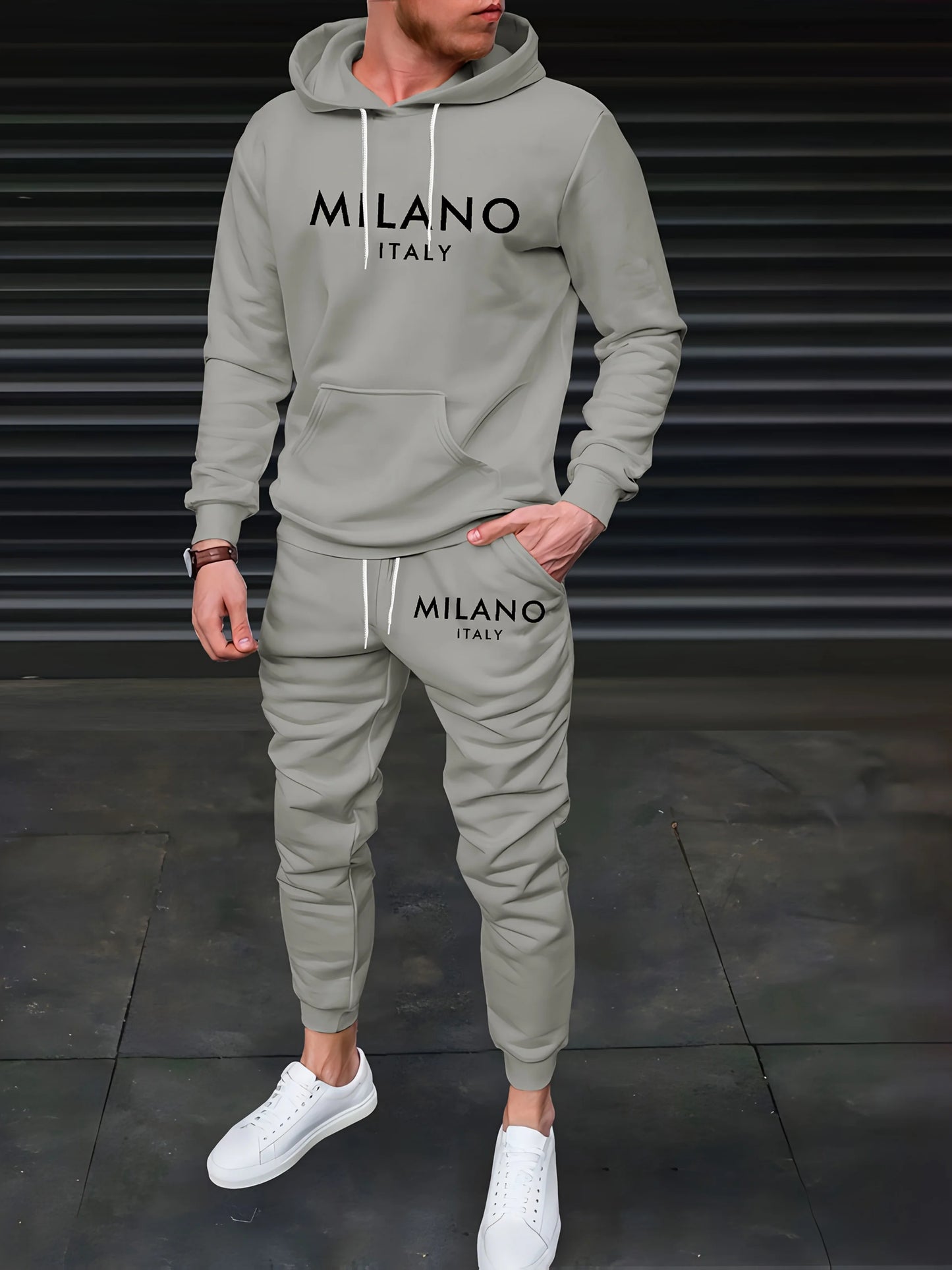 Felpa Sportiva Da Uomo Autunno Inverno Calda In Velluto Spesso Stampa Lettera Milano Italia E Set Pantaloni Della Tuta