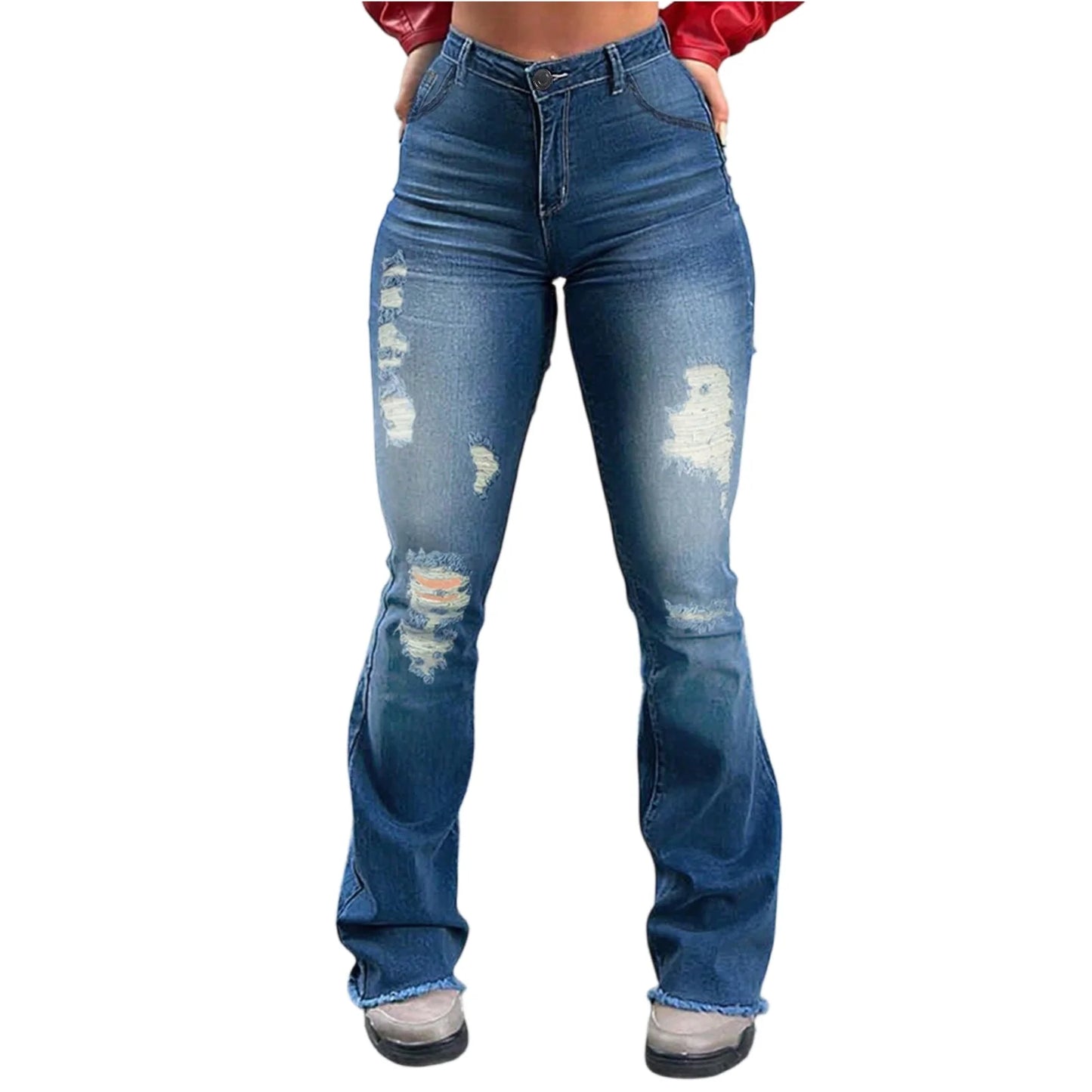 Jeans Da Donna Slim Fit High Waist Strappi Retrò In Denim Tinta Unita Con Tasche