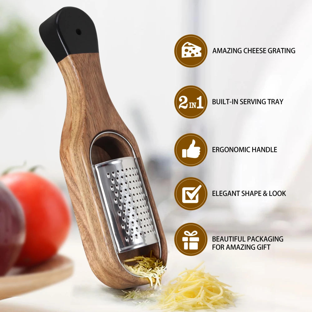 Grattugia Multifunzionale Per Formaggio In Acciaio Inox Con Contenitore Rimovibile In Legno Di Acacia Jaswehome