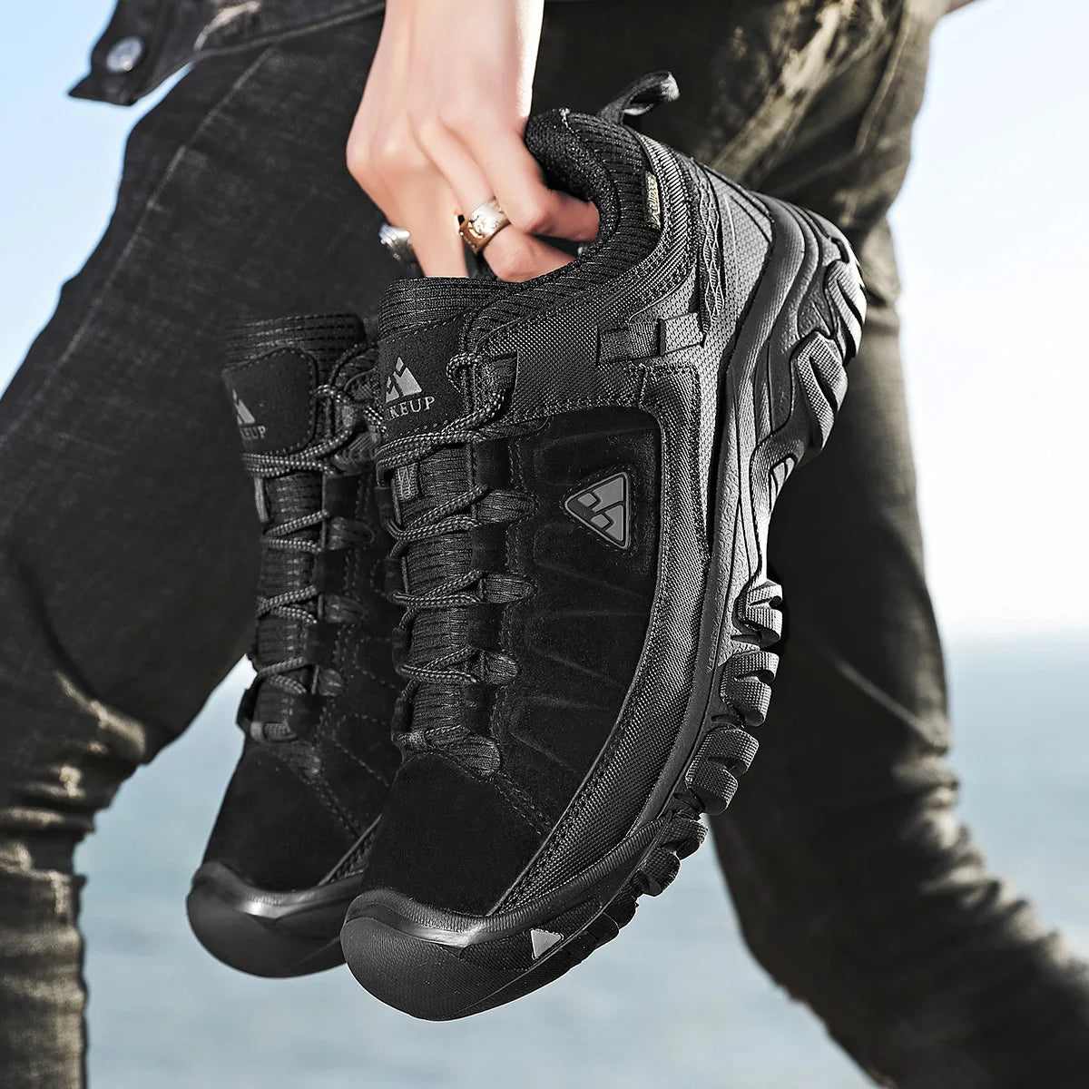 Hikeup Scarpe Trekking Uomo Pelle Alta Qualità Durevoli Esterni Suola Gomma Impermeabile