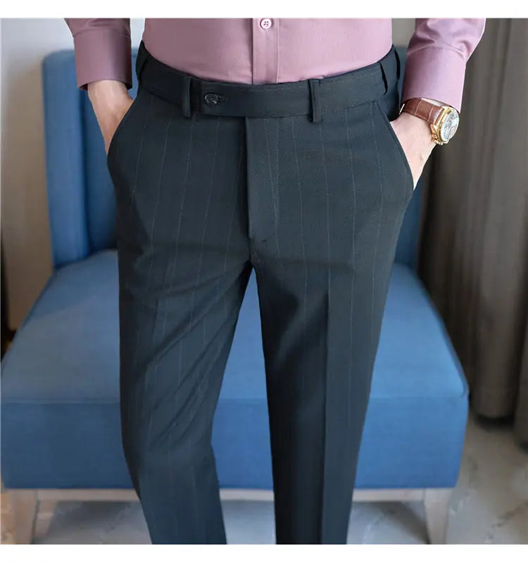 Pantaloni Da Abito Inverno In Lana Spessa Con Vita Elastica Gessati E Tinta Unita Per Uomo