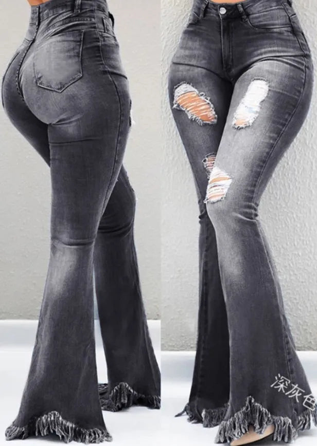Jeans Strappati Distressed Flare Da Donna Vita Alta In Denim Lavato Candeggiato Con Tasche Estate 2024