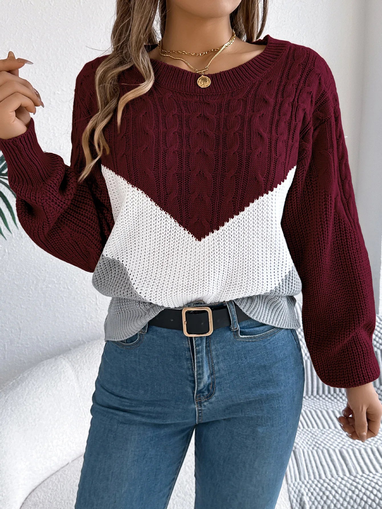 Pullover Lavorato A Maglia Autunno Inverno Color Block Manica Lanterna Collo A O Jersey Donna Elegante