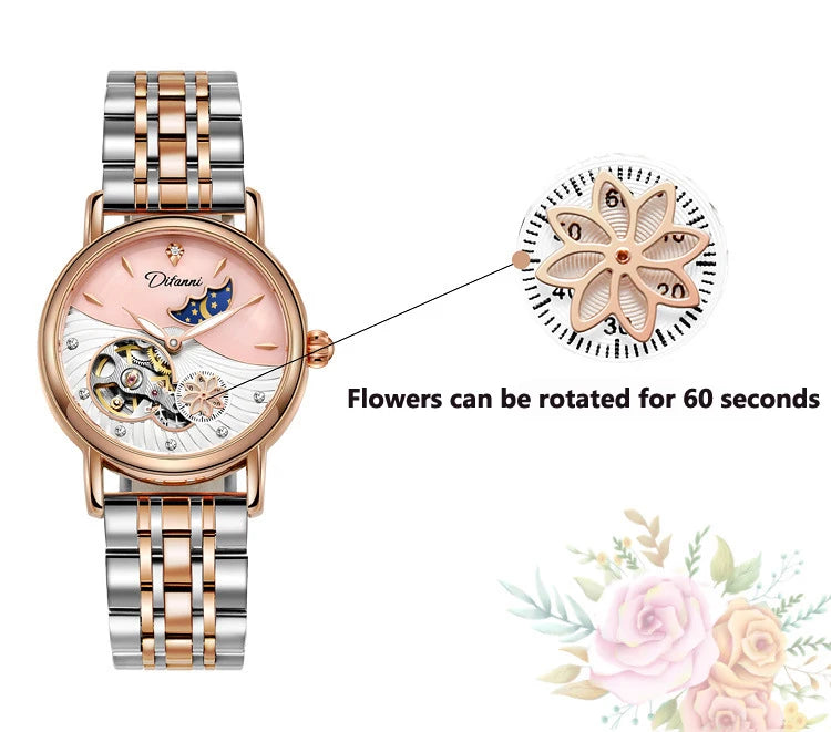Orologio Da Donna Automatico Impermeabile Con Fasi Lunari E Fiori Girevoli Lusso Di Marca Pregiata
