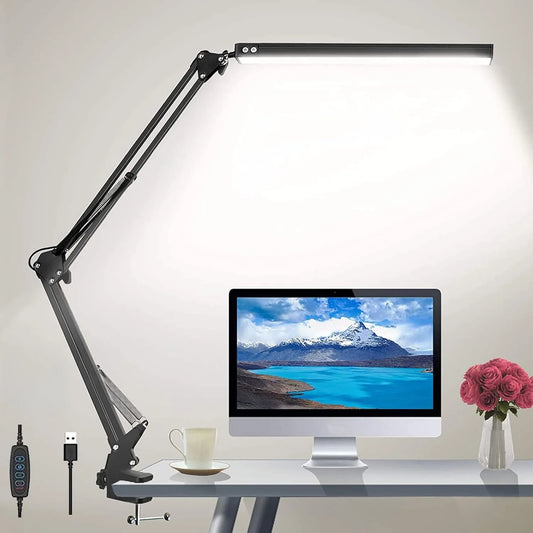 Lampada Da Scrivania Pieghevole A LED In Metallo Con Clip E Braccio Lungo Dimmerabile Tre Colori Regolabili Per Computer