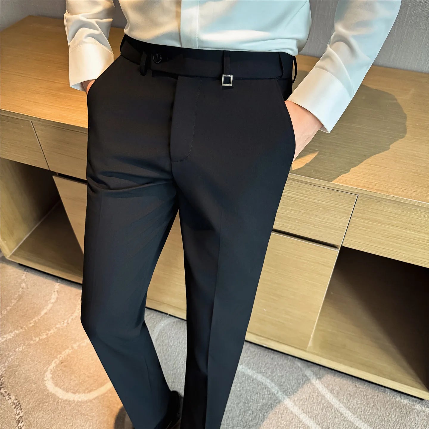 Pantaloni Da Uomo 2026 Primavera Slim Fit Eleganti Elasticizzati Tinta Unita Business Casual Pantaloni Da Ufficio