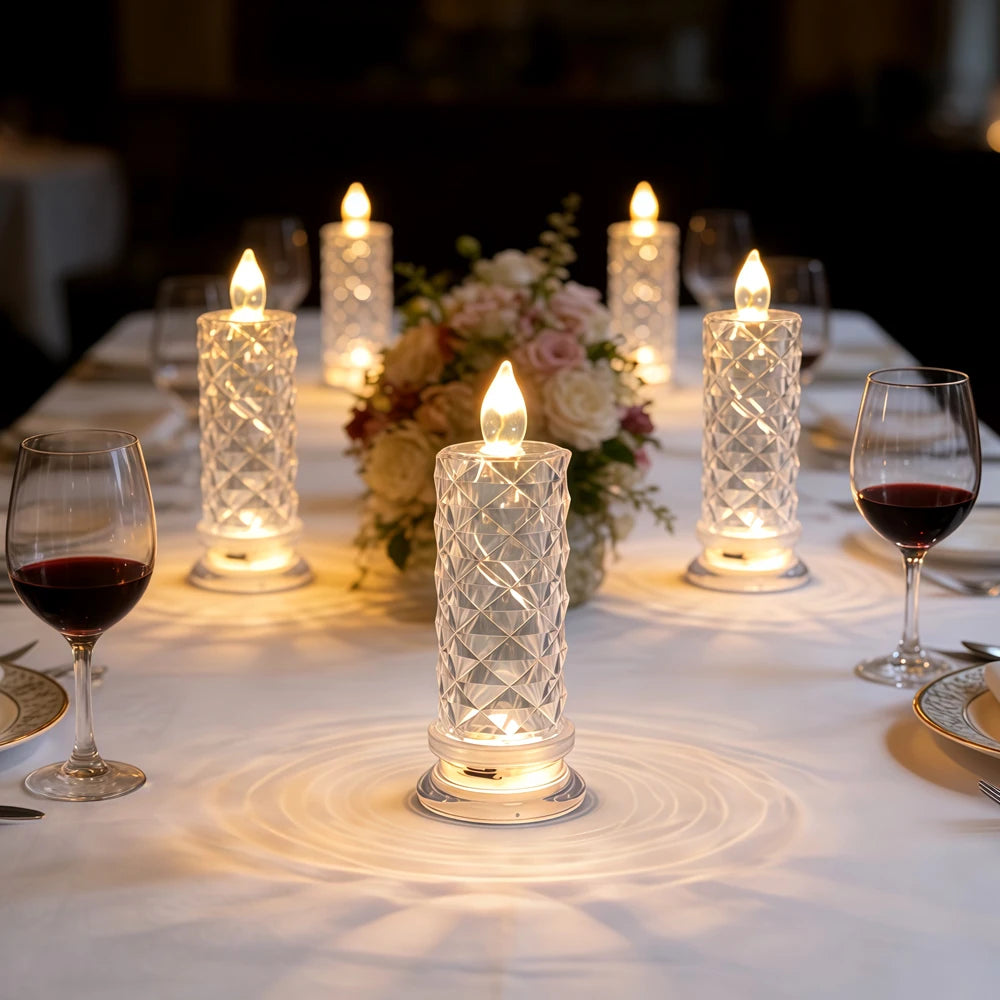 Candela LED In Acrilico Senza Fiamma Con Proiezione Rosa Notturna Romantica Per Feste Matrimonio E Decorazione Tavolo