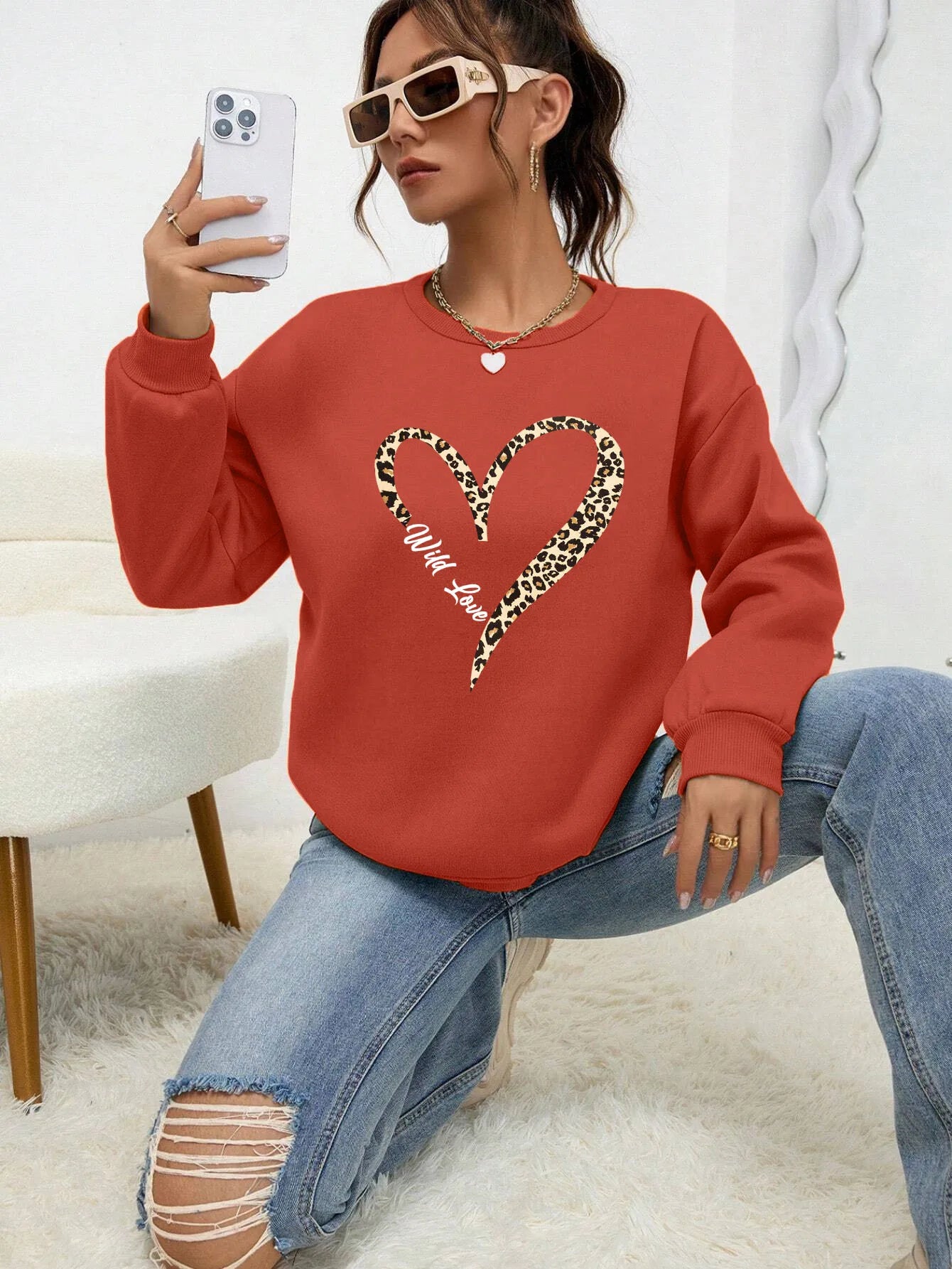 Felpa Da Donna Con Stampa Cuore Leopardato Selvaggio Fodera In Pelliccia Girocollo All Match Abbigliamento Hipster