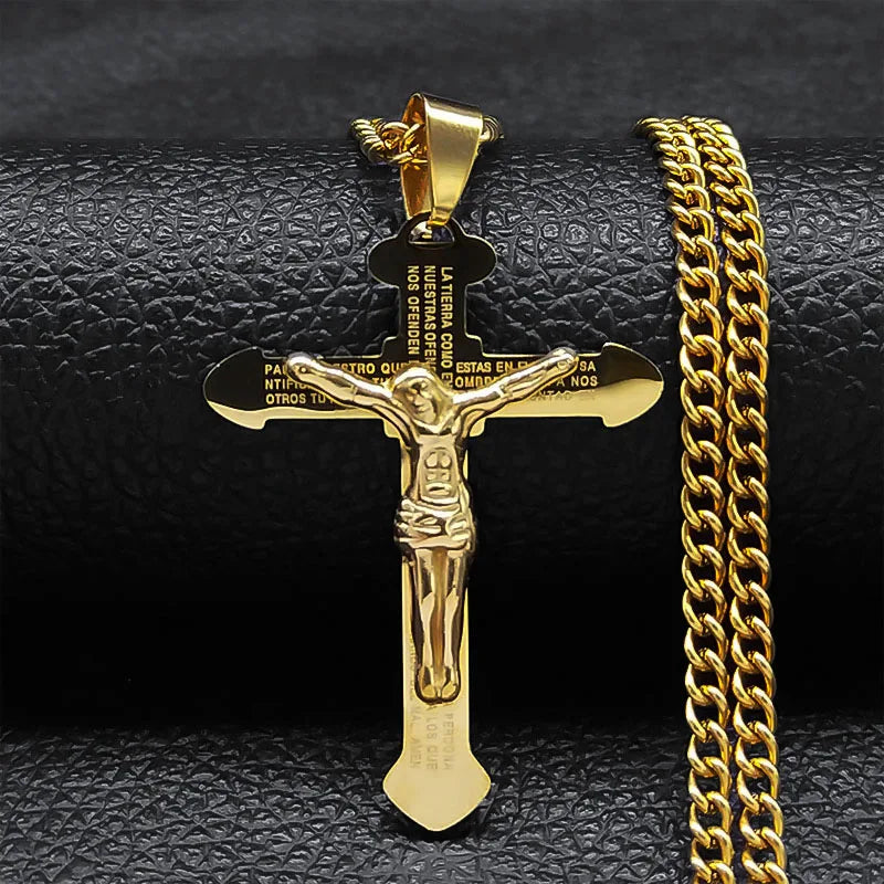 Collana Croce Biblica In Acciaio Inossidabile Pendente Gesù Lunga Unisex Uomo Donna Gioielli Religiosi