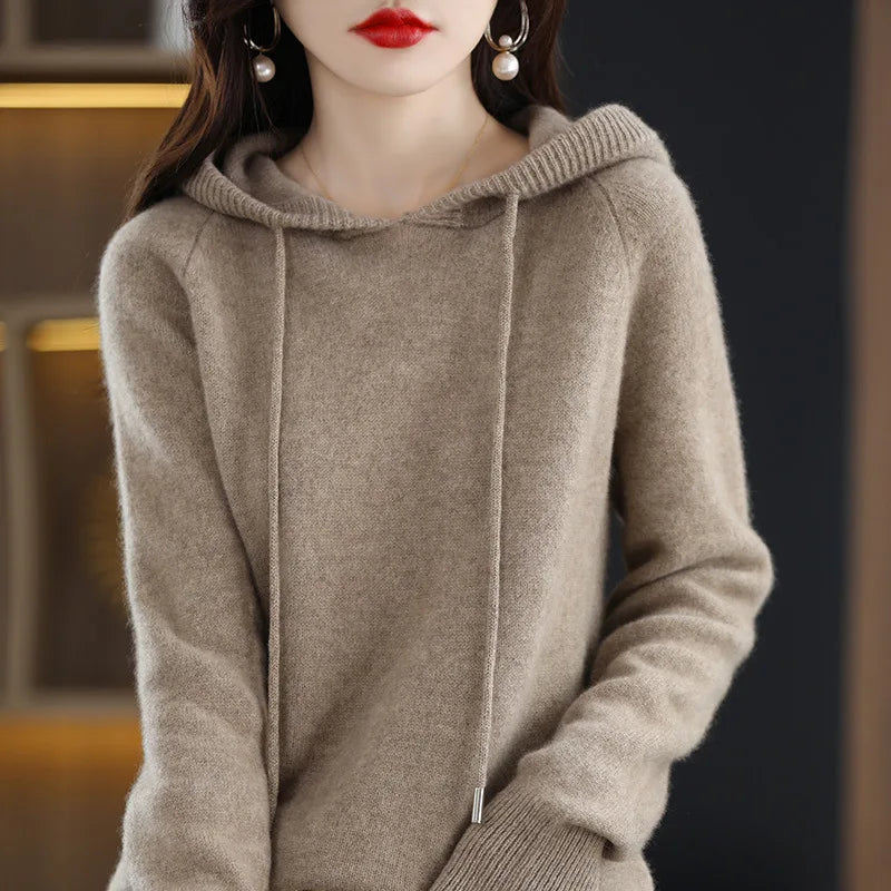 Maglione Con Cappuccio Donna Autunno Inverno Maniche Lunghe Tinta Unita Felpa Lavorata A Maglia Con Coulisse Allentate