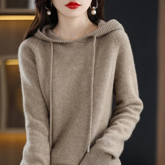 Maglione Con Cappuccio Donna Autunno Inverno Maniche Lunghe Tinta Unita Felpa Lavorata A Maglia Con Coulisse Allentate
