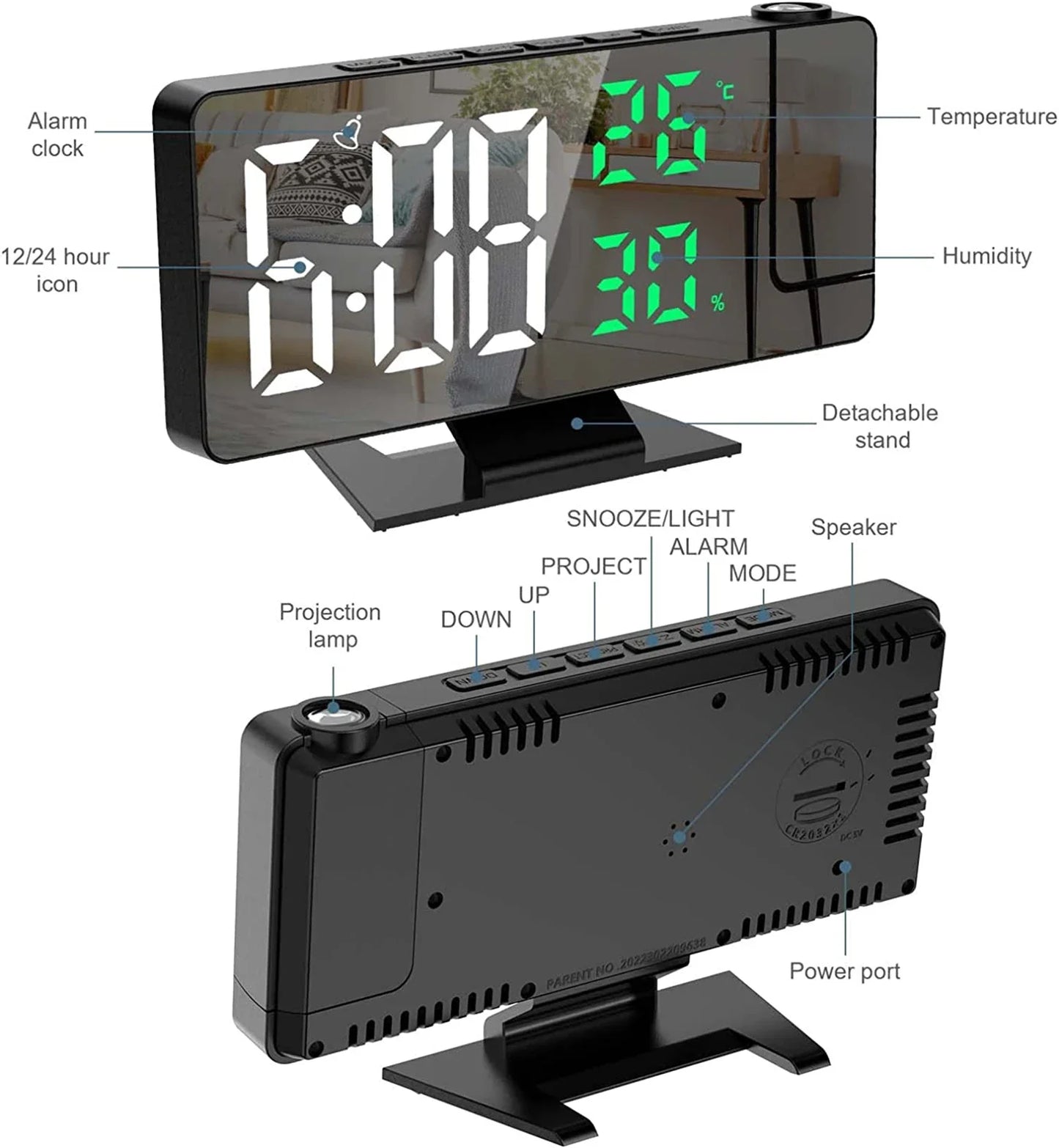 Sveglia Digitale LED Orologio Proiezione da Soffitto con Display della Temperatura Snooze Retroilluminato per la Casa
