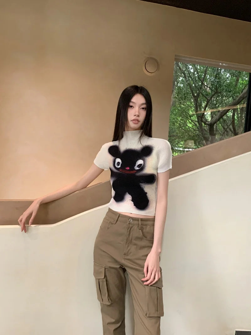 Cheerart Y2K Moda Crop Top Piega Da Donne Estate Manica Corta Kawaii Cartoon T Shirt Abbigliamento