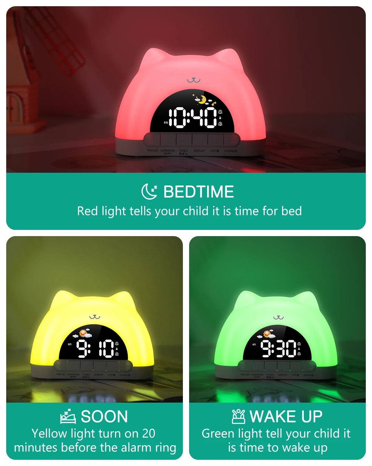 ORIA Sveglia per Bambini con Luce Notte 11 Colori, Sveglia Allenamento Sonno, Orologio con Blocco Regalo Ragazzi Ragazze
