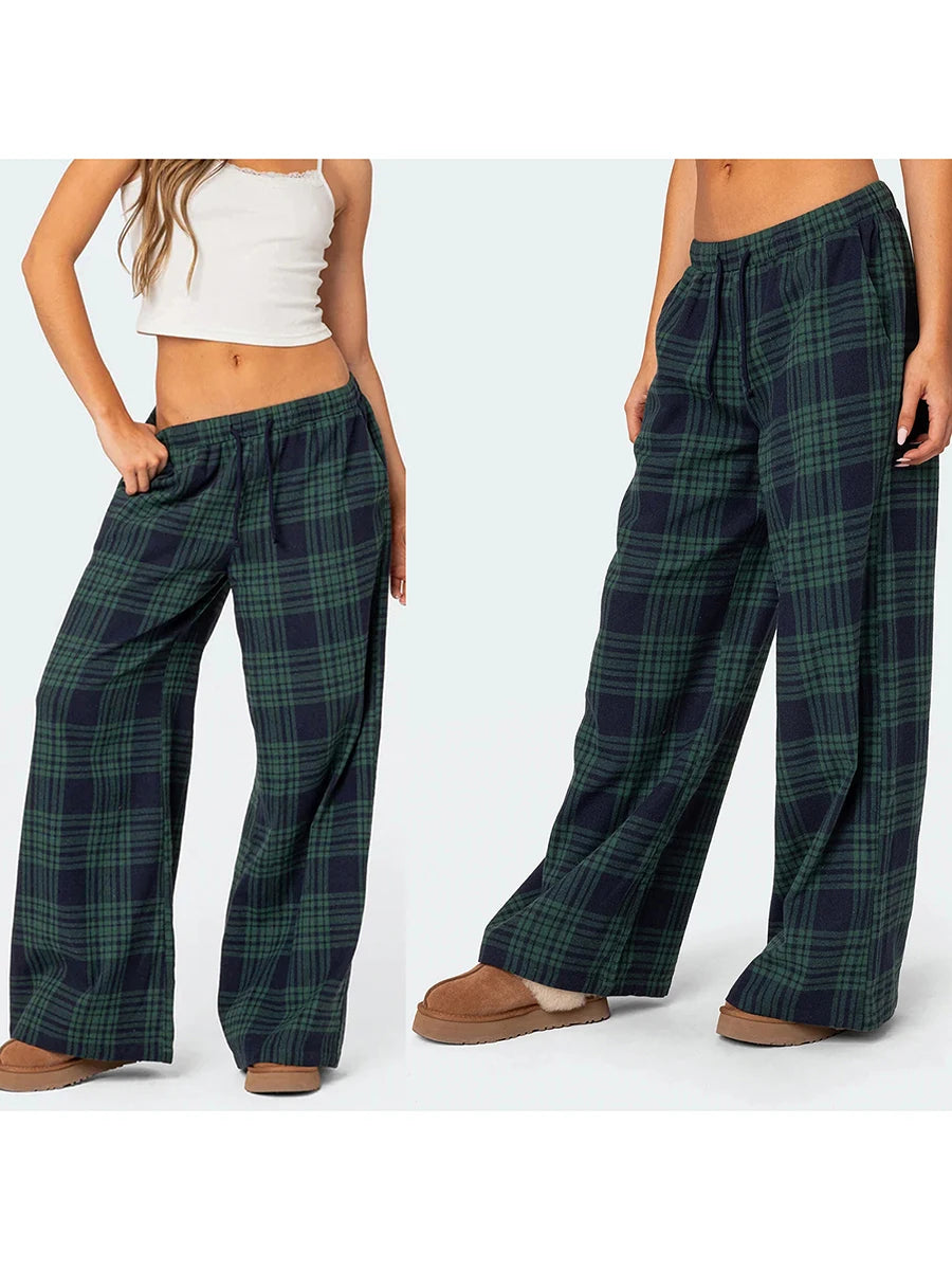 Pantaloni Oversize da Donna Y2K da Salotto Casual Quadri di Moda Elastici Vita Alta con Tasche Pigiama Homewear