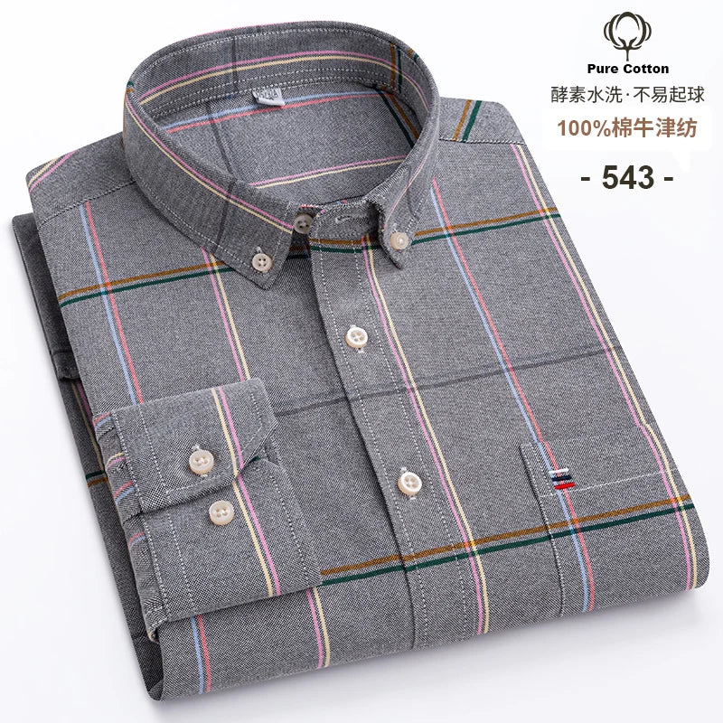 Camicia Da Uomo In Cotone Oxford A Quadri Maniche Lunghe Vestibilità Regolare Con Tasca Frontale