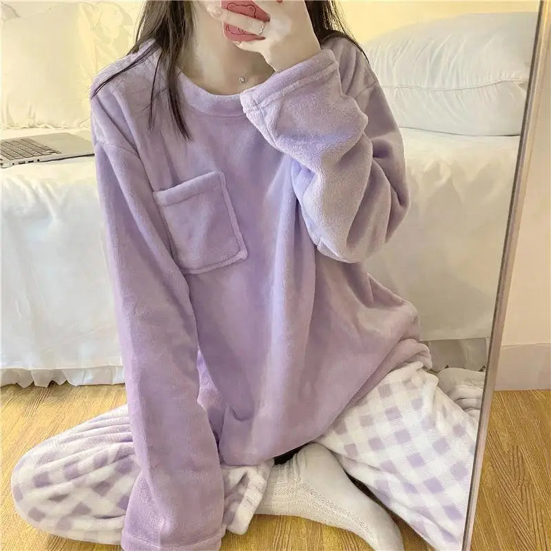 Pigiama Da Donna Caldo In Pile Set Pigiama Invernale Morbido Top Solido E Pantaloni Scozzesi Per Casa