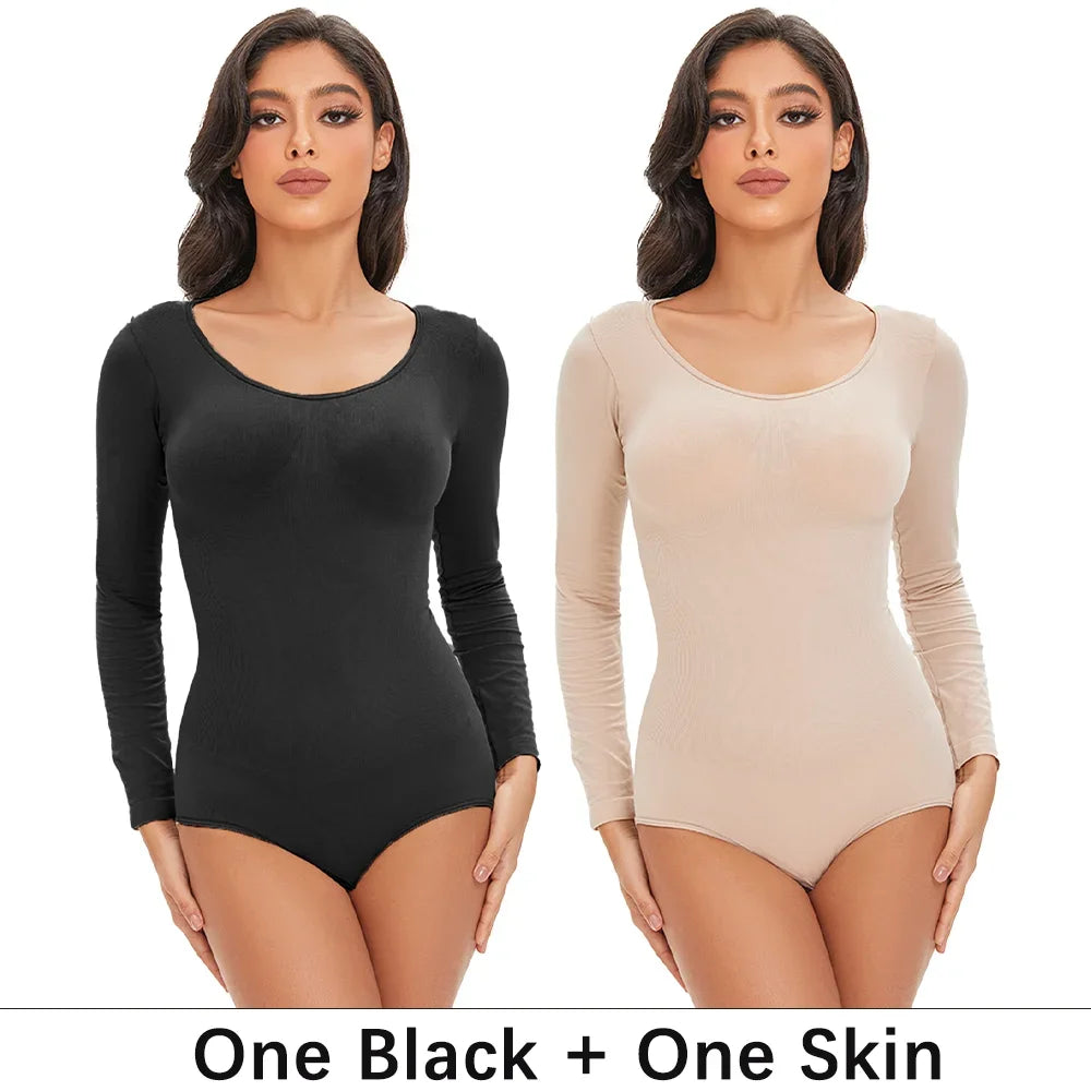 Pokarla Body Suit Spandex Elastico Shapewear Donna Controllo Pancia Manica Lunga Cavallo Aperto Girocollo Shaper