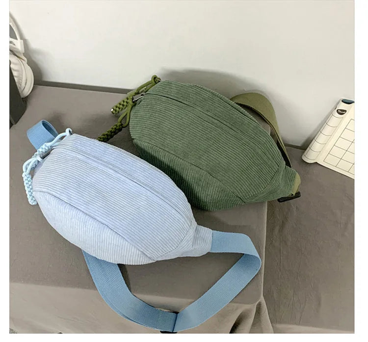 Marsupio da Donna in Velluto a Coste di Grande Capacità Borsa da Petto Stile Street Borsa a Tracolla Cintura Casual