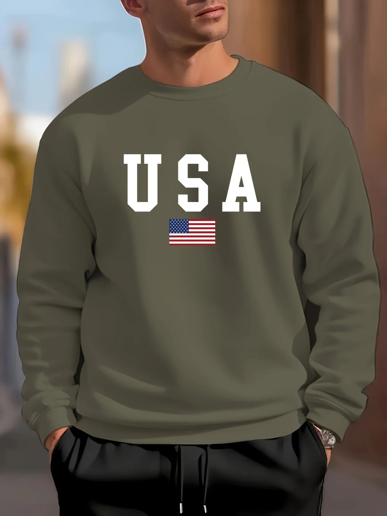 Felpa Uomo Autunno Inverno Casual Allentata Stampa Bandiera Americana USA Girocollo Maniche Lunghe